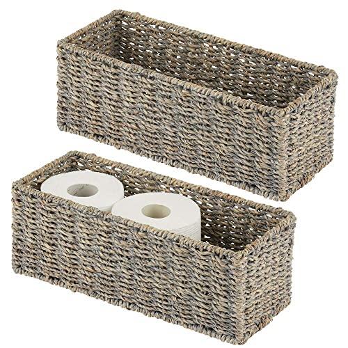 mDesign Natural Woven Seagrass Bathroom Storage Organizer Basket Bin; Use on Bathroom Vanity, Countertop, Toilet Tank Top - Stackable for Toilet Paper - 2 Pack - Gray