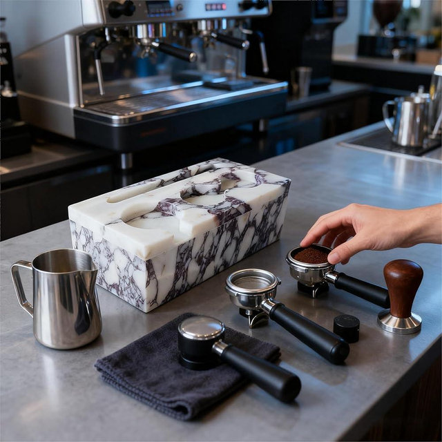 Artisanal Abode Natural Marble Espresso Tamping Station, Solid Coffee Tamper Stand with Portafilter Holder, Stone Coffee Press Pad for 51mm 53mm Tampers, Slim 58mm Tools and Home Coffee Bar
