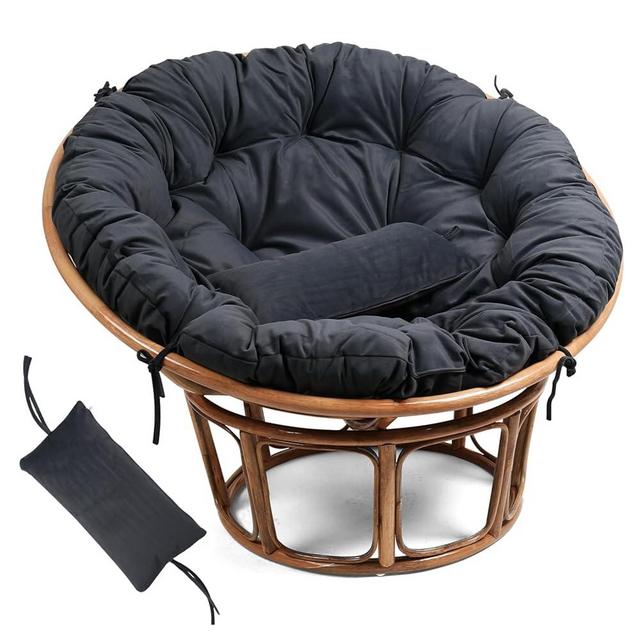 Disker Papasan Chair Cushion - 52 inch (Cushion Only) Luxurious Round with Matching Accessory Pillow - Large Round Fluffy Plush Cushion with Securing Straps and Ultra Soft Material (Onyx Black)