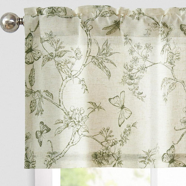 Lazzzy Green Floral Valance Curtain Linen Farmhouse Valance for Kitchen Living Room Bedroom Country Valances Window Treatments Small Window Cafe Curtain 16 Inch Rod Pocket 1 Panel Green on Beige