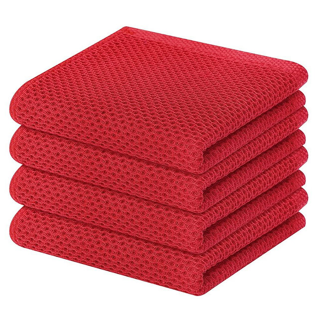 Homaxy 100% Cotton Waffle Weave Kitchen Dish Towels, Ultra Soft Absorbent Quick Drying Cleaning Towel, 13x28 Inches, 4-Pack, Red