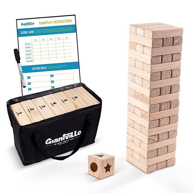 Large Tumbling Timber Toy + Dice + Carry/Storage Bag - 54-Pc Wooden Blocks - Premium Pine Wood Floor Game for Kids & Adults - Grows from 1.5-feet to Almost 3-feet While Playing, Life Size Jenga Tower