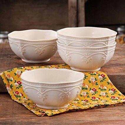 The Pioneer Woman Farmhouse Lace Bowl Set, 4-Pack LINEN | Antique Finish Durable Stoneware Lace Bowl Set, 4-Pack - LINEN