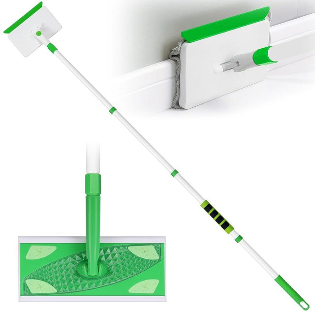 Baseboard Cleaner Tool with Handle, Extendable Long Handle Baseboard Cleaning Duster with Reusable Pads for Floorboard, Ceiling Fan Blade Cleaner Duster (Green)