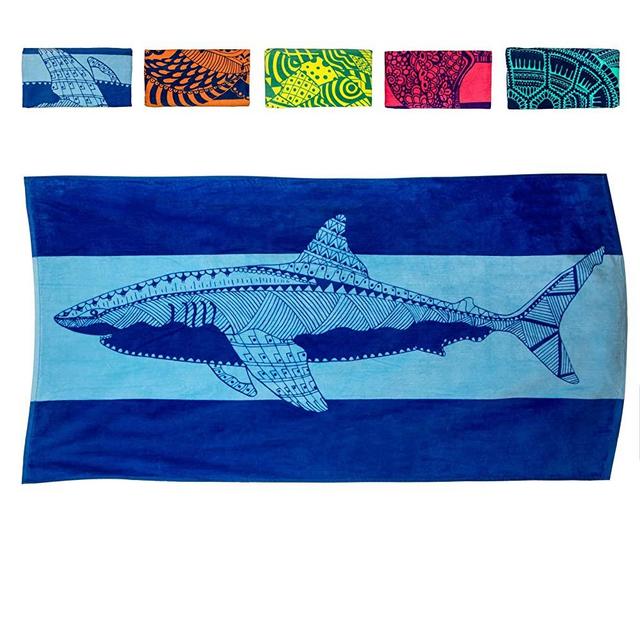 Nova Blue Shark Beach Towel – Blue with A Tropical Design, Extra Large, XL (34”x 63”) Cool Hawaiian, Navy Beach Towel with Light Blue Stripe, Made from 100% Cotton for Kids & Adults