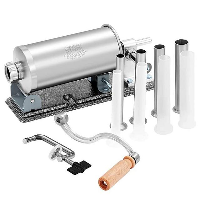 MZTOGR Sausage Stuffer - Stainless Steel Homemade Manual Sausage Maker Horizontal Meat Filling Kitchen Machine, Packed 8 Stuffing Tubes (2.5LBS)