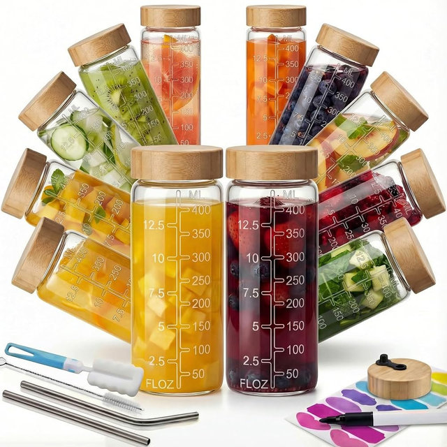 HomArtist 16oz Round Glass Juice Bottles with Lids, 12 Pack Reusable Juice Containers with Bamboo Lids, Glass Juicing jars with 4 Straws & 2 Airtight Lid with Hole for Drinking