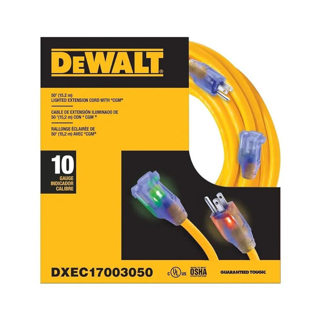 DEWALT 50 Foot 10/3 SJTW Lighted Extension Cord - Heavy Duty Outdoor, Waterproof, Weatherproof, Heat & Corrosion Resistant Industrial Strength Light Up Prong Outlet Plug Power Cord