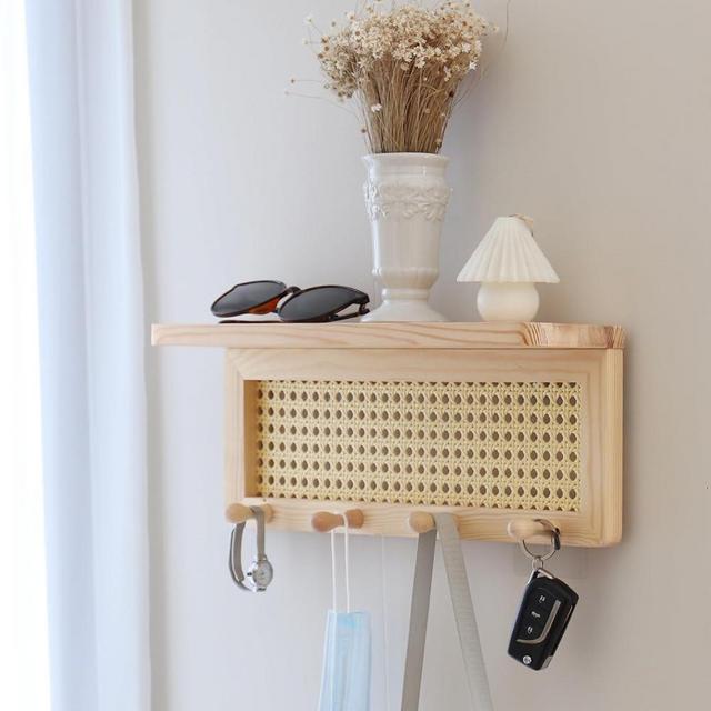 FRIADE PE Rattan Key Holder with 4 Key Hooks,Wall Mounted Decorative Floating Shelf for Entryway,Nursery,Mudroom, Hallway, Office (Burlywood)