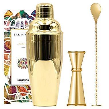 Homestia 3 Piece Cocktail Shaker Bar Set Stainless Steel Bartender Kit includes 23.5oz Built-in Strainer Shaker, Double Jigger, Bar Spoon, Gold