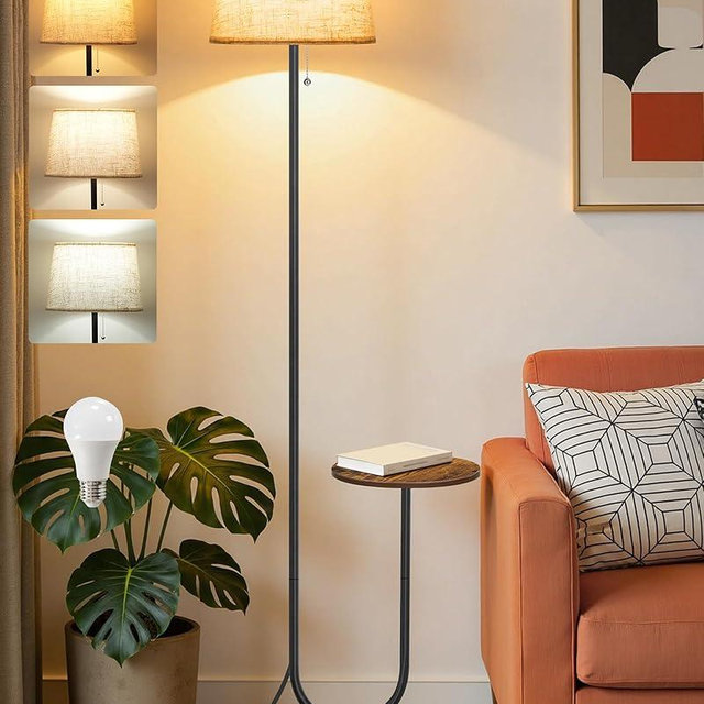 GOEBLESON Floor Lamp with Side Table, Standing Lamp for Living Room with Tray, Pull-Chain Switch, for Living Room, Bedroom, 3 Color Temperatures, 9W LED Bulb Included, Rustic Brown and Beige FE21LD05