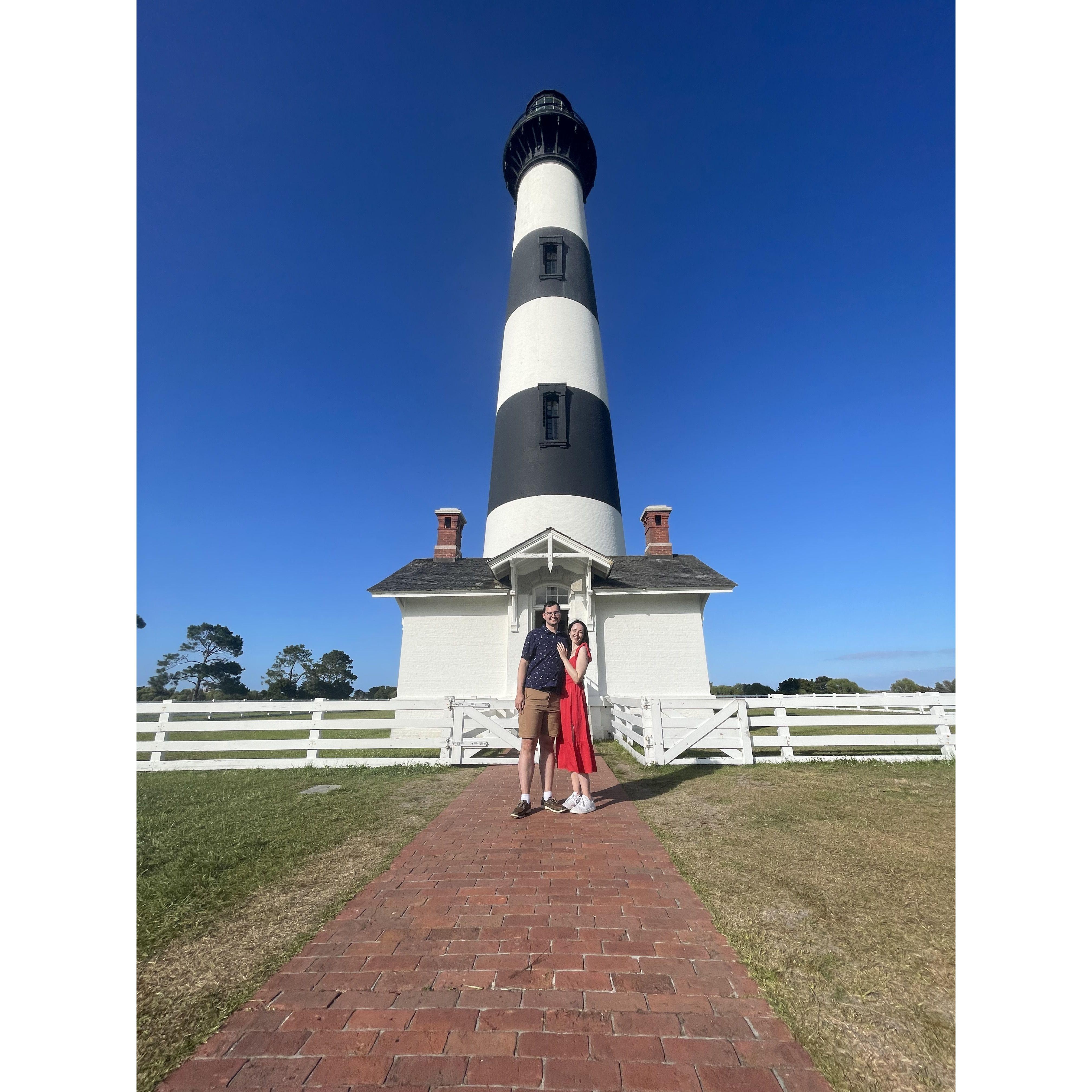 At the bottom of Bodie Island Lighthouse after getting engaged.