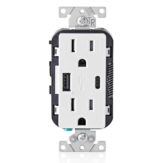 Leviton T5633-W 15-Amp Type-C USB Charger/Tamper Resistant Receptacle, 1-Pack, White