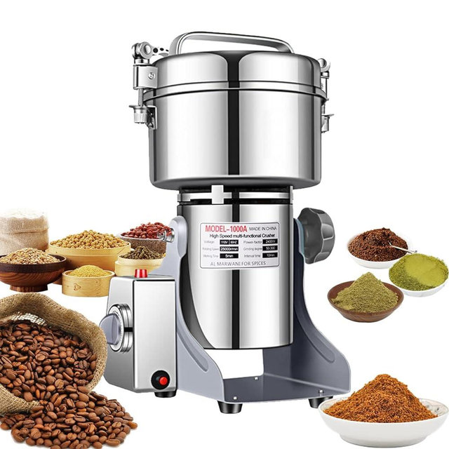 Electric Grain Grinder Mill 1000g High-speed Spice Herb Mill Commercial Powder Machine for Dry Cereals Grain Herb Spice Coffee Corn Bean CE approved (1000g Stand Type)