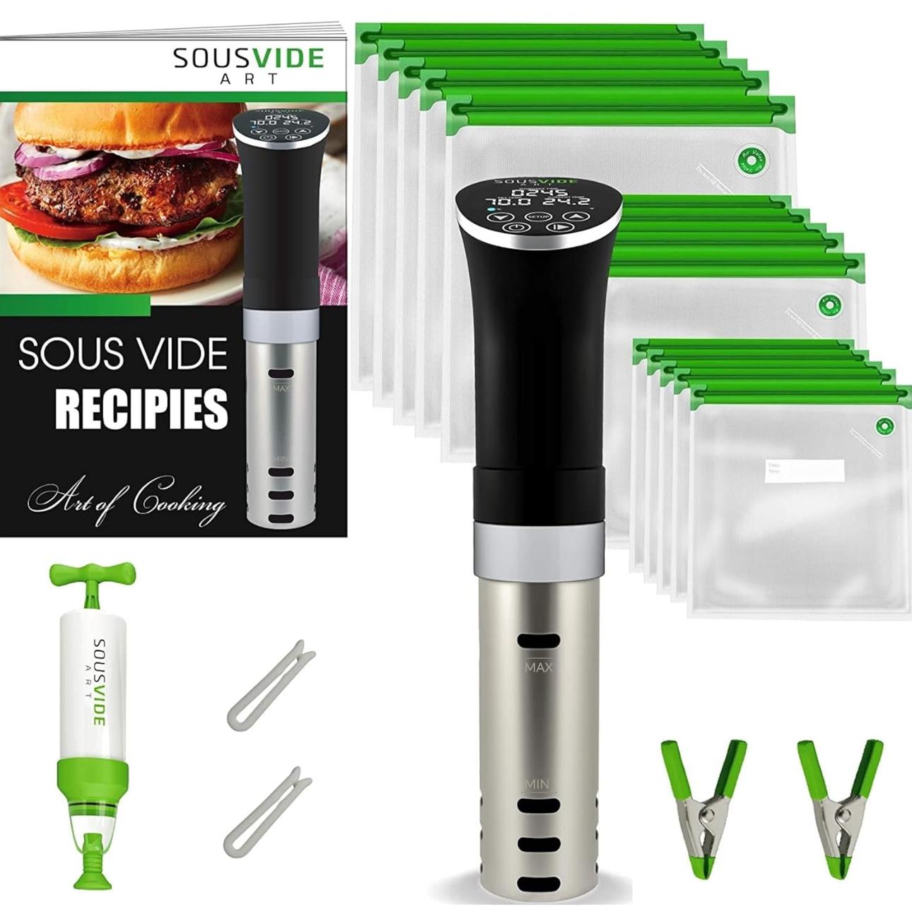 SOUSVIDE ART Cooker Kit (1000 Watts Sous Vide Cooker) - Sous Vide Machine Immersion Cookers Circulator, 15 Vacuum Seal Bags, Vacuum Pump, Digital Timer Temperature Control, Gift for Chefs