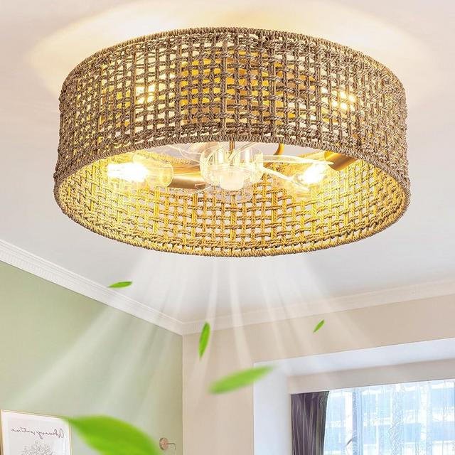 Jughtbo Boho Caged Ceiling Fan with Light, 20.28 Inch Rattan Ceiling Fans with Lights and Remote Control Flush Mount Low Profile 6 Speeds Fandelier for Bedroom, Living Room,Dining Room.Yoga Room