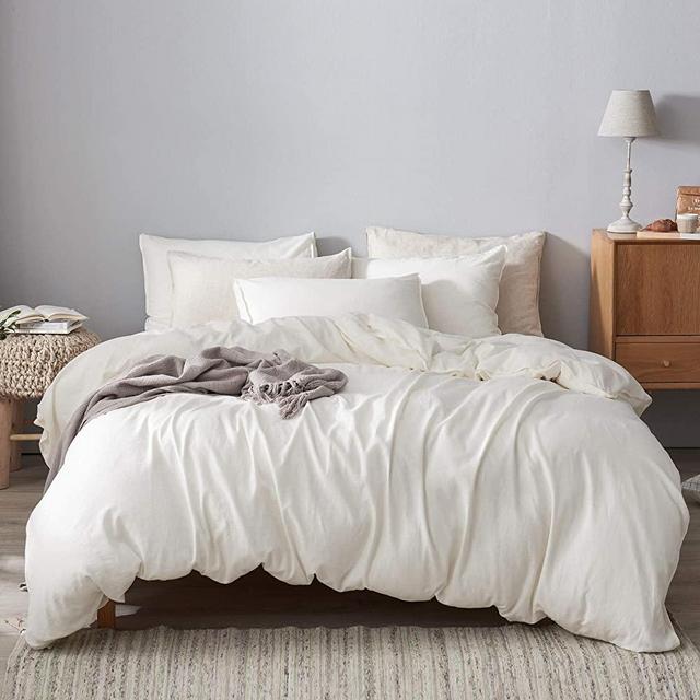 DAPU 55% French Linen 45% Long Staple Cotton Duvet Cover with 2 Pillowcases, 3 Piece Ultra Soft Breathable Bedding Comforter Cover Sets with Button Closure(Off-White/Linen Cotton, King)