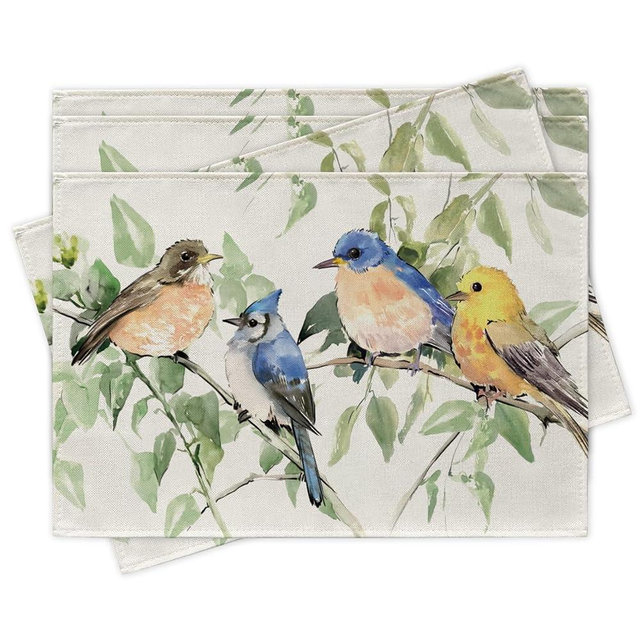 Uruney Spring Summer Birds Placemats Set of 4, Bluebird Blue Jay Goldfinch Chickadee Dining Place Mats Table Decor, Seasonal Branches Leaves Home Kitchen Decoration 12 x 18 Inch