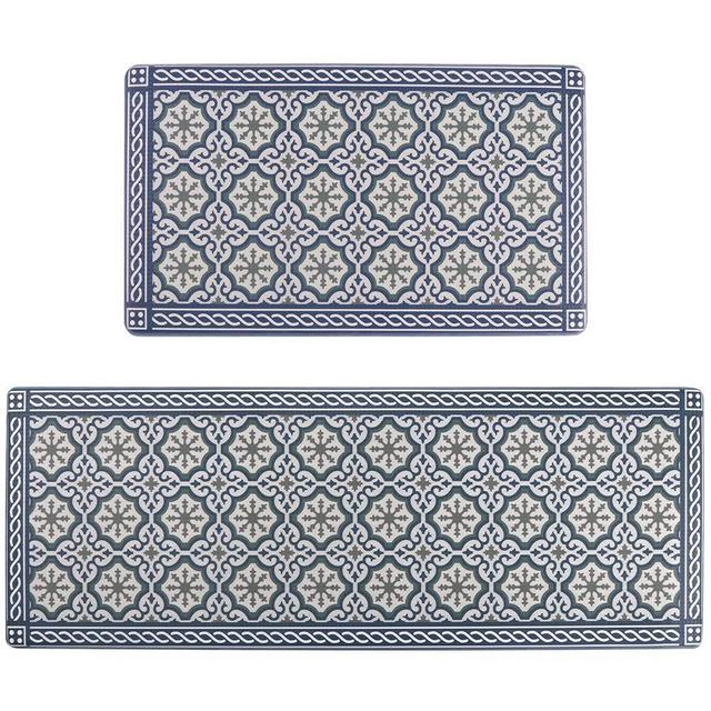 Seavish Anti Fatigue Kitchen Floor Mat Set, Blue Morocco Mosaic 2 piece 18" x 29"+18" x 47" Non-Slip Rubber Backing Kitchen Rug set Waterproof Oil Proof PVC Leather Heavy Duty Standing Mats Runner Rug