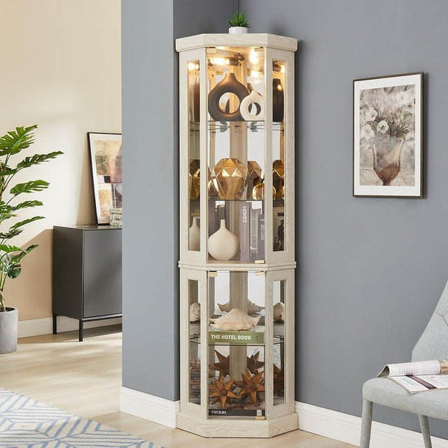 HRVEOCEI Curio Cabinet with Lighted, Display Cabinet with Glass Doors, Corner China Cabinet with Tempered Adjustable Glass Shelves & Carved Decoration(Antique White, Tall)