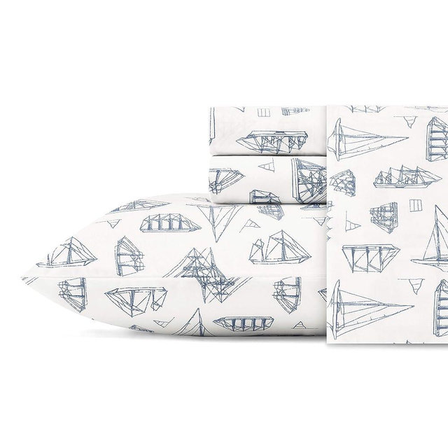 Nautica - Twin Sheets, Cotton Percale Bedding Set, Coastal Home Decor, Dorm Room Essentials (Whitewood Sail Blue, Twin)