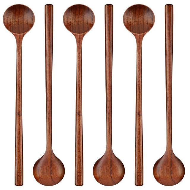 6 Pieces Wooden Long Spoons Long Handle Round Spoons Korean Style Soup  Spoons for Soup Cooking Mixing Stirring Kitchen Tools Utensils, 10.9 Inch 