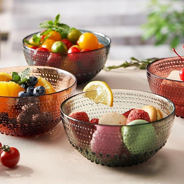 Khen Glass Vintage Hobnail Colored Bowls | Set of 4 | Natural Colors 5.7" - Snack All-Purpose Bowl, Dinner, Cereal, Salad, Dessert, Appetizer Bowl, Fruit, Nuts | Art Deco Hand Wash Housewarming Gift