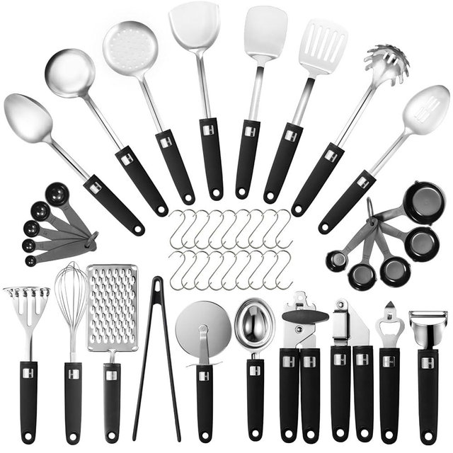 46Pcs 18/8 Stainless Steel Kitchen Utensils Set, Stainless Steel Cooking Utensils, Complete Tools with Metal Kitchen Gadgets for Beginner Cooks, Apartment Dwellers, Homemakers, Dishwasher Safe
