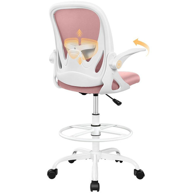 Primy Drafting Chair Tall Office Chair with Flip-up Armrests Executive Ergonomic Computer Standing Desk Chair with Lumbar Support and Adjustable Footrest Ring (Rose Quartz)