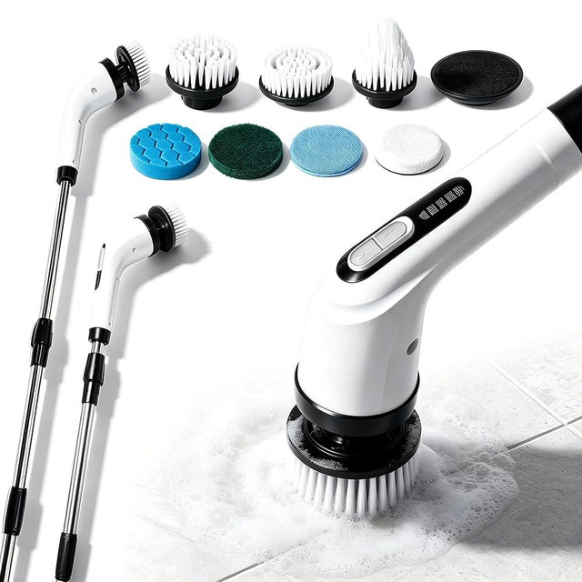 Highyes Electric Spin Scrubber for Bathroom, IPX7 Waterproof Shower Scrubber with Extendable Long Handle, Bathroom Cleaning Scrubber with 7 Reusable Brush Heads