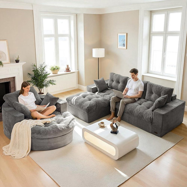 MAXYOYO L Shape Sectional Sofa Couch and Round Chaise Lounge, Modern Cloud Couch with Ottoman, Comfy Sofa with Layered Cushion, Tufted Upholstered Sleeper Chair for Living Room, No Assembly Required