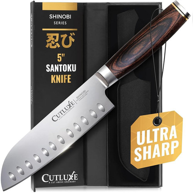 Cutluxe Santoku Knife – Ultra Sharp 5 Inch Vegetable Japanese Knife for Chopping, High Carbon Stainless Steel Blade, Full Tang Pakkawood Handle – Shinobi Series