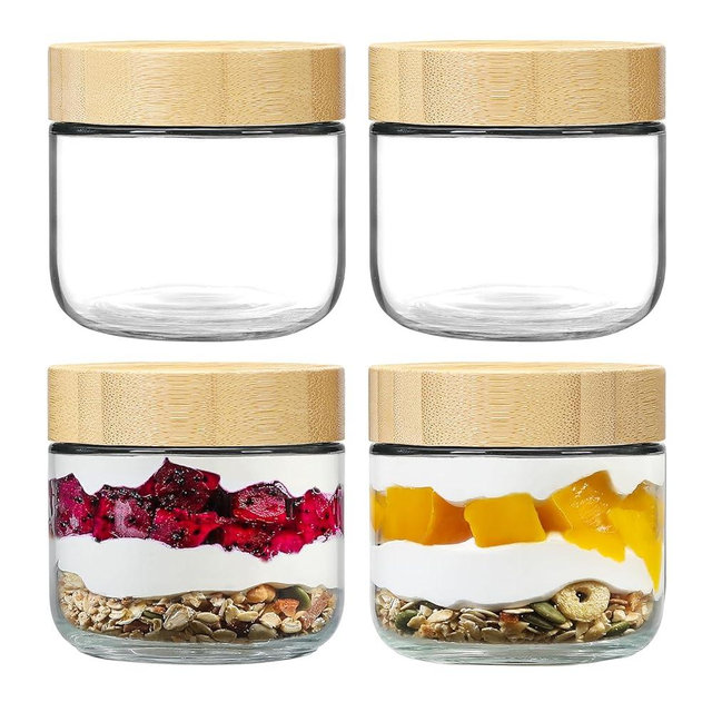 NETANY 4-pack 8oz Glass jars with Airtight Lids, Overnight Oats Containers with Bamboo Lids, Wide mouth Mason Salad jars, Glass Food Storage Containers for Snacks Yogurt Spice Sugar