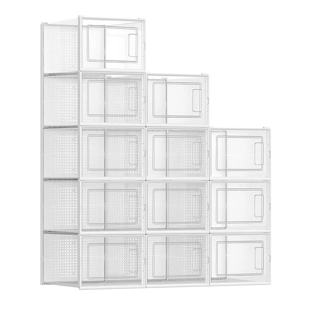 SONGMICS Shoe Boxes, Pack of 12 Shoe Storage Organizers, Stackable Clear Plastic Boxes for Closet, Sneakers, 9.9 x 13.7 x 7.4 Inches, Fit up to US Size 13, Transparent and White ULSP12MWT