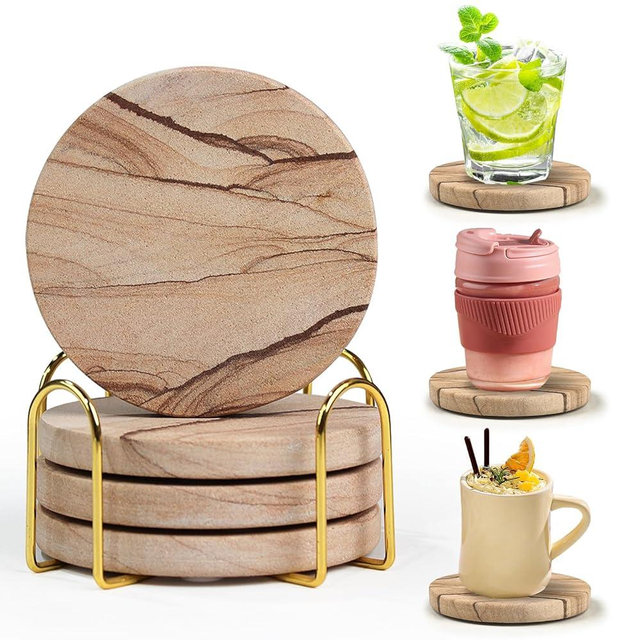 Almagic Natural Sandstone Coasters with Holder - Set of 4, 4 Inch Diameter, 0.39 Inch Thickness - Durable and Absorbent Stone Drink Coasters for Home and Bar