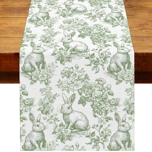 Heyfary Chinoiserie Easter Table Runner Toile de Jouy Vintage Green and White Bunny Spring Party Decoration Home Kitchen Dining Room Table Decor (Green, 13" x 72")