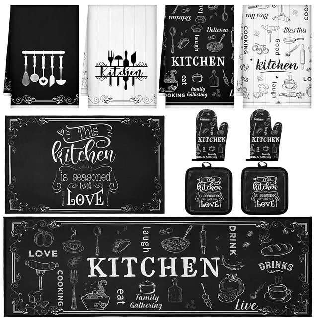 Fourluoo 10 Pcs Farmhouse Kitchen Set, Kitchen Towels and Dishcloths Rugs Mats for Floor Oven Mitts and Pot Holders Sets Rustic Hand Towels for Home Decorations Gifts(Classic Black White,Utensils)