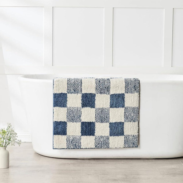 CozeCube Blue Checkered Bath mats for Bathroom Non Slip, Fluffy Absorbent Microfiber Bath mat Washable, aesthetic bathroom rugs, Large Bath mat for Shower, 36" x 24"