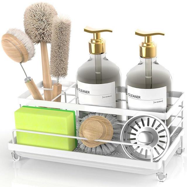 Cisily Sponge Holder for Kitchen, Sink Caddy Organizer, Kitchen Sink Accessories with Drip Tray, Rustproof and Non-Slip Kitchen Sink Sponge Holder, Kitchen Essentials for New Home（White）