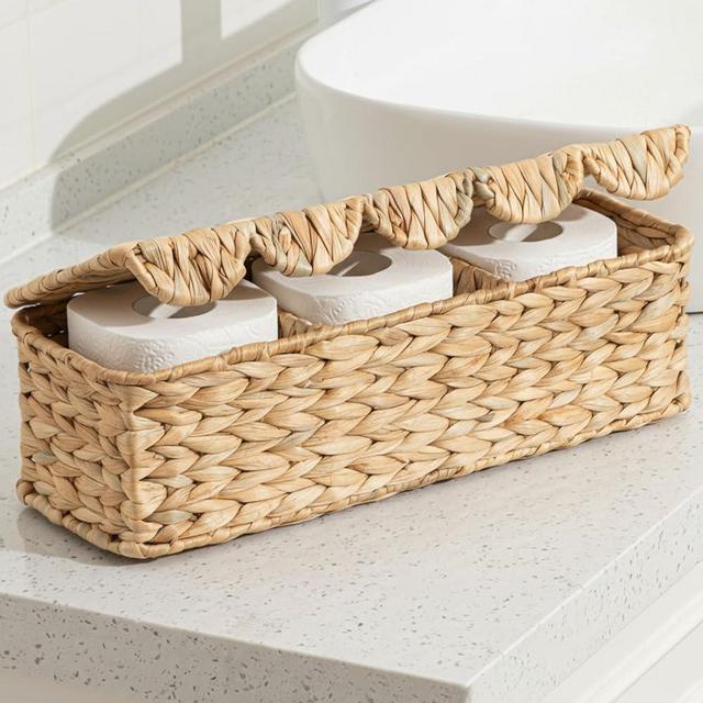 Qinyoung Wicker Toilet Paper Storage Basket with Scalloped Lid, Rectangular Woven Toilet Roll Storage Basket with 3 Compartment for Organize Snack Toys Tampon, 16.5 x 5.5 x 5.5 Inches