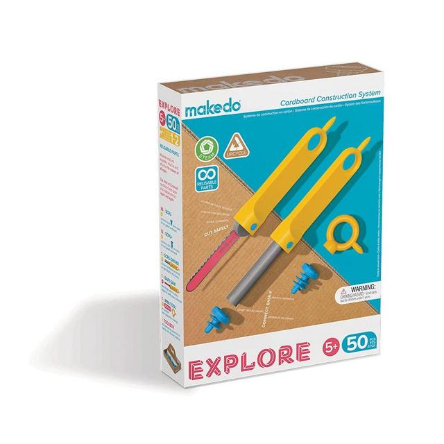 Makedo Explore | Upcycled Cardboard Construction Toolkit in Small Toolbox (50 Pieces) | STEM + STEAM Educational Toys for at Home Play + Classroom Learning | Reusable Tools for Boys and Girls Age 5+