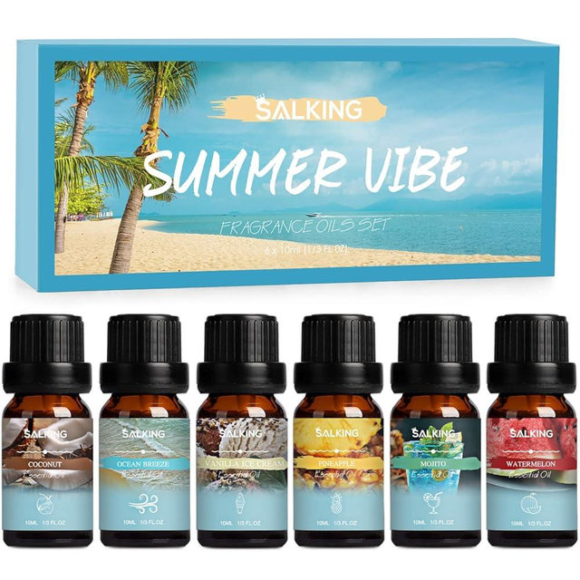 SALKING Summer Fragrance Oils Set, Premium Essential Oils Gift Set for Diffuser, Scented Oil for Soap & Candle Making - Ocean Breeze, Mojito, Coconut, Pineapple, Watermelon, Vanilla Ice Cream