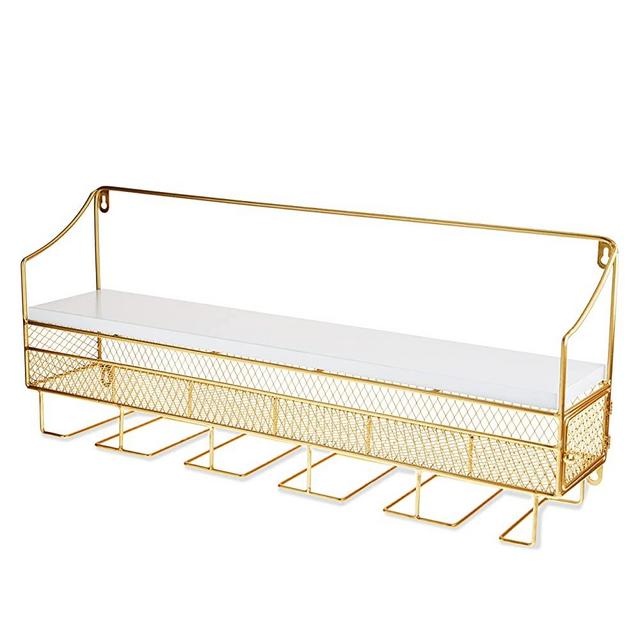 Twine Gold Wall Mounted Wine Rack, Holds 8 Standard Wine Bottles, Wood and Cast Iron, Cork Storage, Holds 5 Wine Glasses, Gold Finish