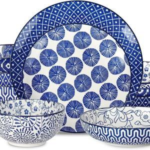 Selamica Ceramic 16-Pieces Dinnerware Set, Ceramic Dishes Set for 4, Kitchen Plates and Bowls Sets, Dinner Plates Set for Salad Dessert, Cereal Bowls, Soup Plate Pasta Bowl(Vintage Blue) B