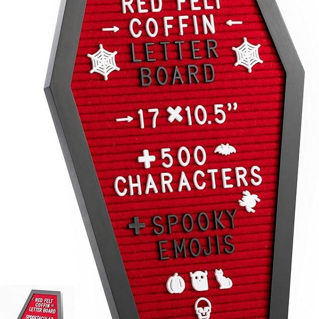 Coffin Letter Board Red With Spooky Emojis +500 Characters, and Wooden Stand - 17x10.5 Inches - Gothic Halloween Decor Spooky Gifts Decorations