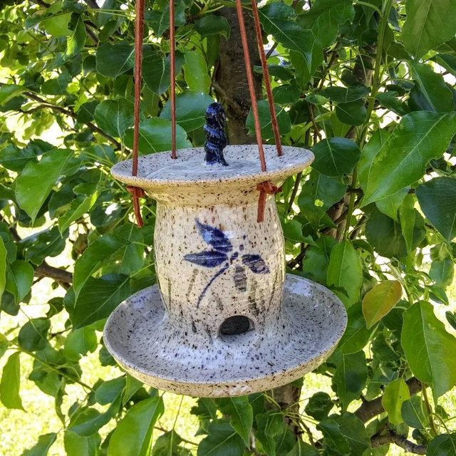 Hand-Thrown Stoneware Pottery Bird Feeder with Leather Hanger