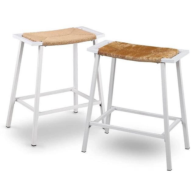 OUllUO White bar Stools Counter Height,Weave Bar Stools Set of 2, Backless Saddle Kitchen Stools for Island, Wicker Outdoor Bar Stools for Kitchen,Rope Rattan Counter Stools, Waterproof Metal-919WT