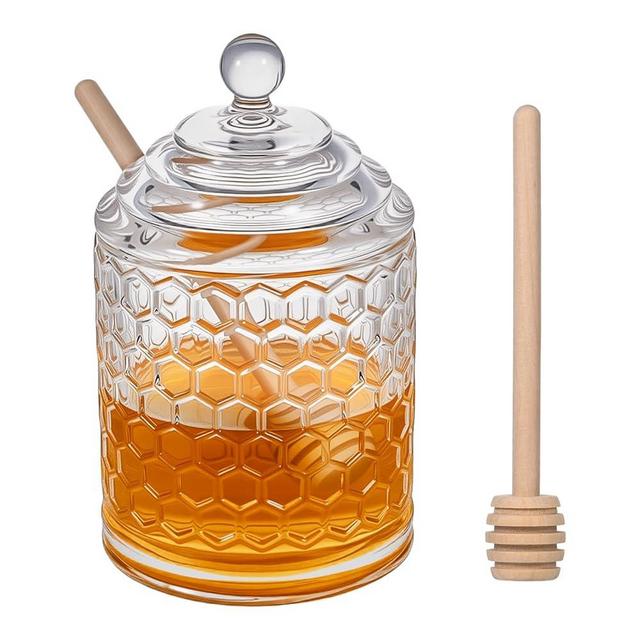 TPSUIPA Clear Crystal Honey Pot with Dipper and Lid Glass Jar Dispenser Holder Syrup Container for Home Kitchen,9 oz, 2 Dippers Sticks Set, Containers Kitchen, Home, Storage