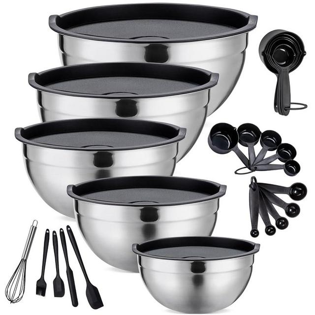 Strelitsia® Mixing Bowls Set of 25,Stainless steel Nesting Bowls with Airtight Lids,Large Prep Bowl & Cooking Gadgets Set,Black