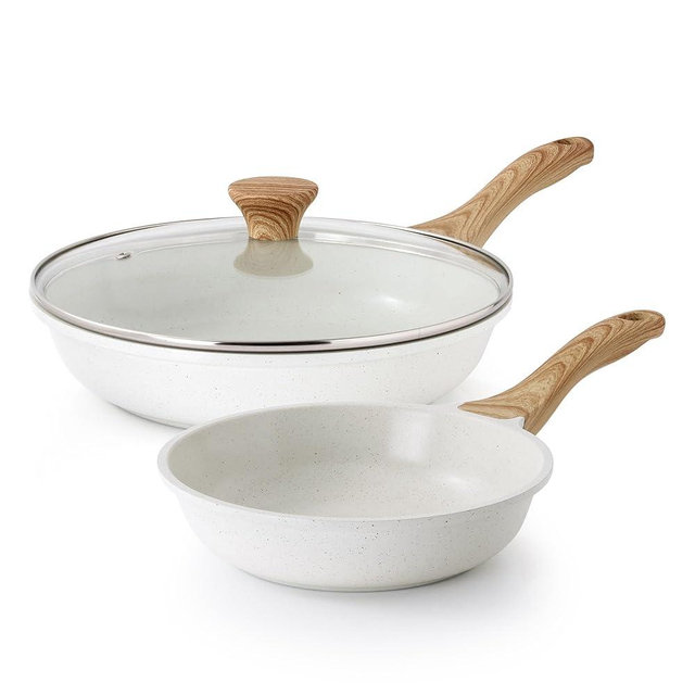 SENSARTE Nonstick Frying Pan Skillets, White Ceramic Coating Omelette Pans, Healthy Cookware Chef's Pan, Free of PTFE & PFAS (8+11Inch with Lid)